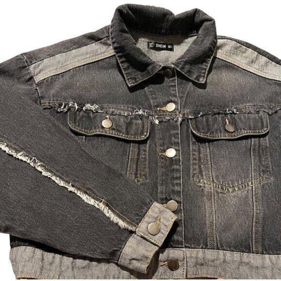 Shein Women’s Black Cropped Denim Jacket Small Distressed Frayed Hem Pockets - Picture 8 of 10
